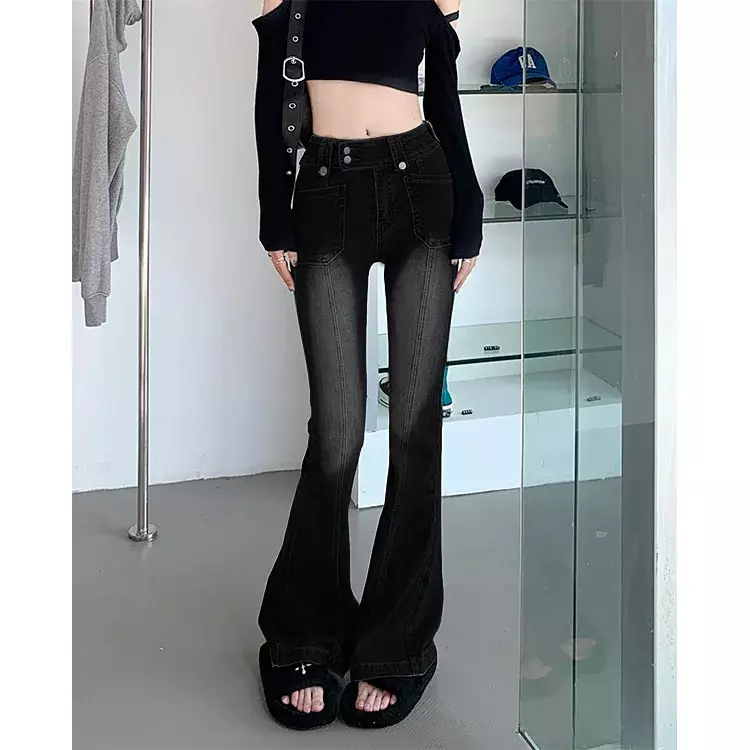 مضيئة السراويل الجينز الأسود المرأة عالية الخصر سليم صالح جينز مترهل #3