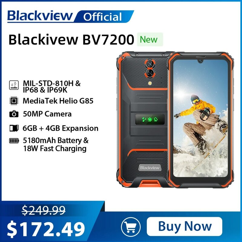 Blackview-BV7200 الكاميرات الخلفية الوعرة ، وعرة IP68 مقاوم للماء ، 10GB + 128GB ، هيليو G85 ثماني النواة ، 50MP الكاميرات الخلفية ، 5180mAh ، 18W تهمة