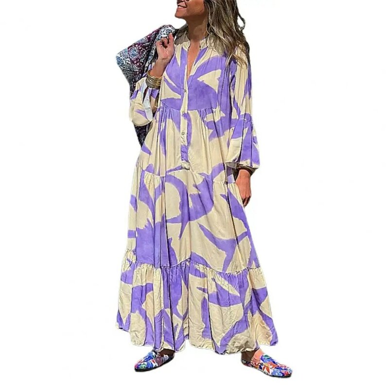 فستان نسائي طويل بنمط بوهيمي ، فستان ماكسي مع طباعة مطابقة الألوان ، خليط مطوي ، كبير الحجم ، الصيف