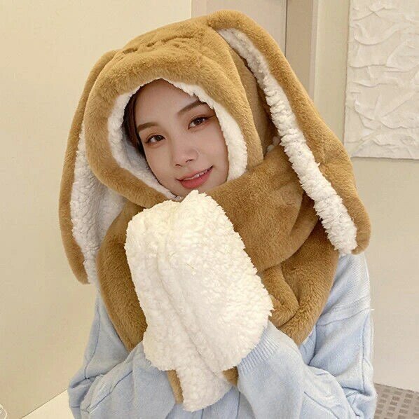 3 in1 Gloves scarf Rabbit Hat long Ears Cute Cartoon Hat Kawaii Funny Birthday Gift Bunny Plush Cap Winter Beige