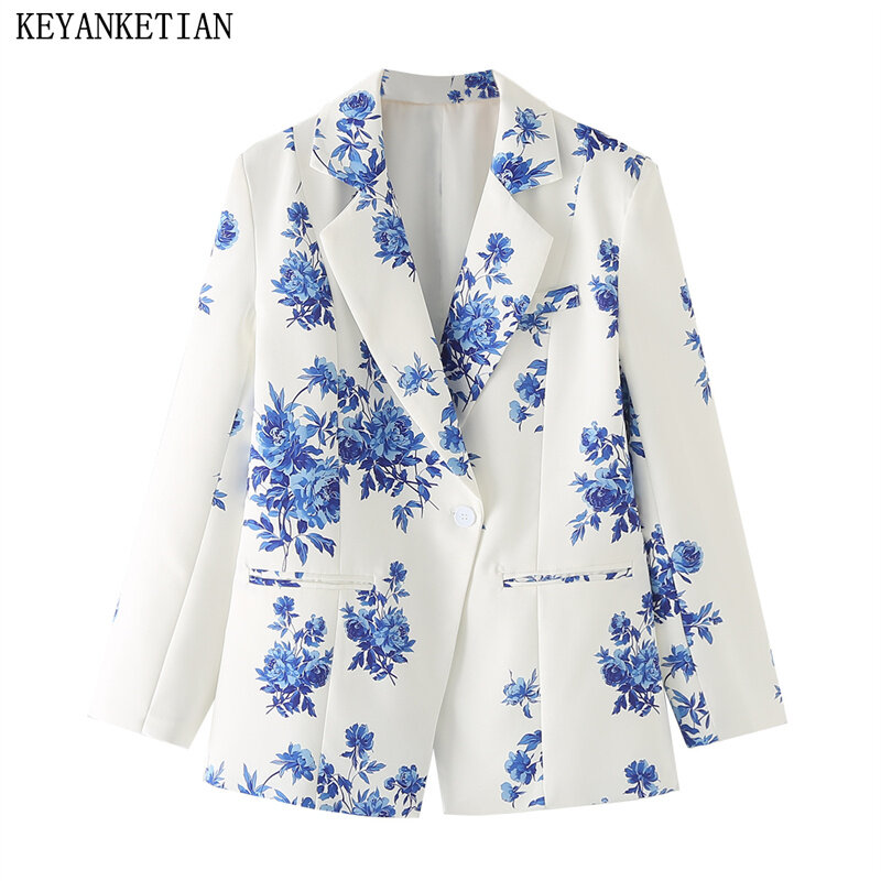 بدلة عتيقة بطبعة زهور للنساء من Keyanketian ، ملابس خارجية ضيقة بزر واحد غير متماثلة ، معطف قصير لسيدة المكتب ، أعلى ، إطلاق جديد ،
