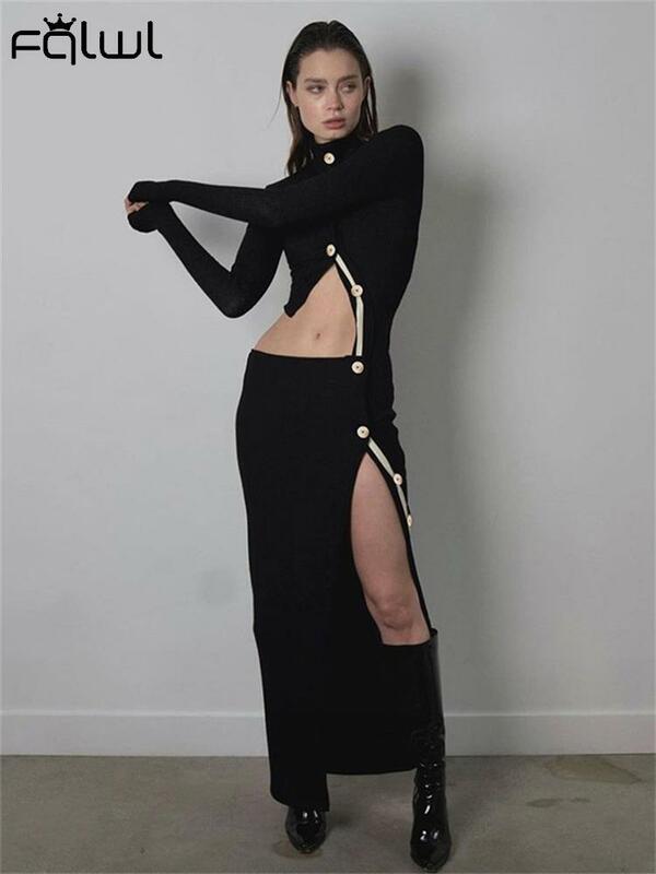 هابريس-طقم تنورة غير متماثلة أسود مثير محبوك للنساء ، كم طويل ، زر سبليت ، مطابقة ، حفلة ، 2 قطعة ، 2023