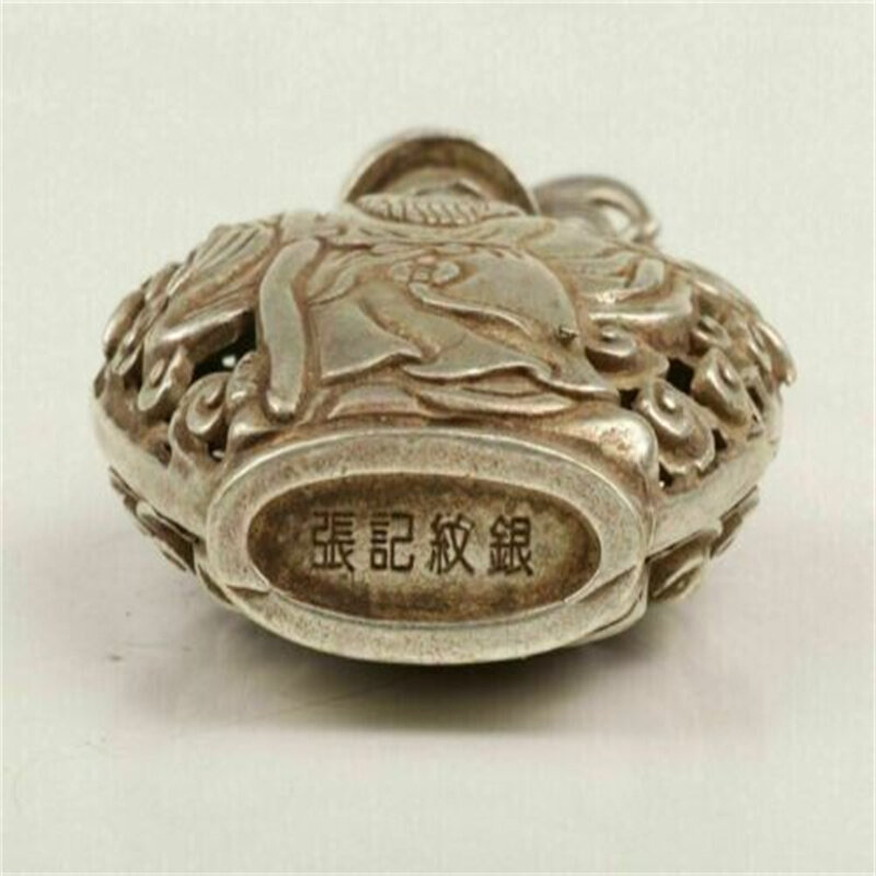 الصينية القديمة التبت الفضة اليد منحوتة محظوظ الله تمثال Snuff زجاجة Netsuke