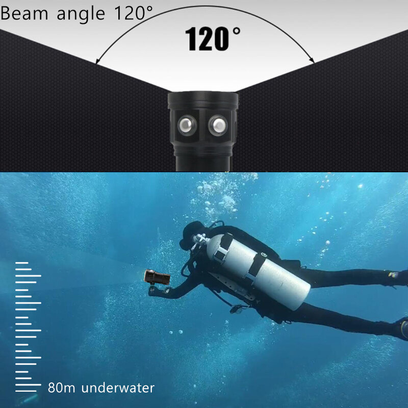 مصباح LED مقاوم للماء للغوص ، إضاءة تحت الماء ، الشعلة التكتيكية للتصوير الفوتوغرافي ، ضوء ملء الفيديو ، 20000 لومن ، 6 × XHP70 ، 100 متر