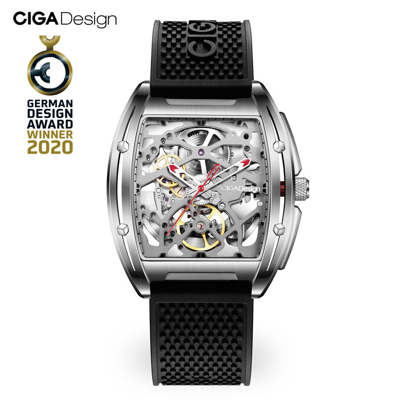 تصميم CIGA-ساعة ميكانيكية أوتوماتيكية للرجال مع حافظة من الفولاذ المقاوم للصدأ ، جلد سيليكون كريستال الياقوت ، سلسلة Z الهيكل العظمي ، شريطين
