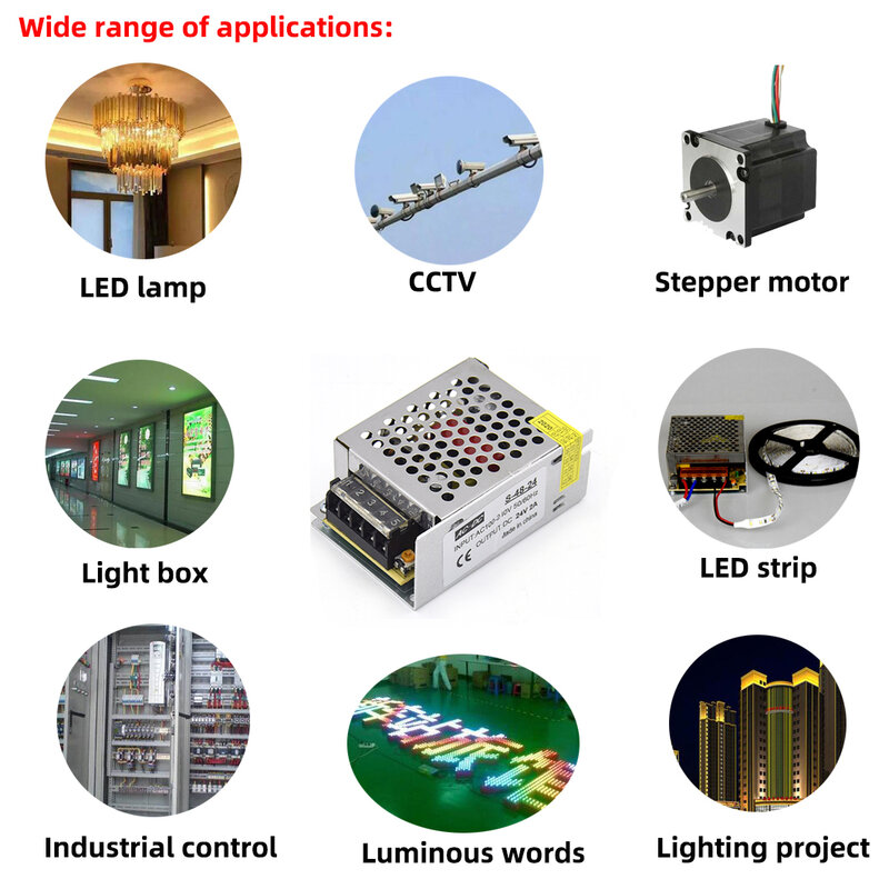 محولات الإضاءة لشريط LED CCTV ، محول التيار الكهربائي ، 110 فولت ، 220 فولت ، تيار مستمر 5 فولت ، 12 فولت ، 24 فولت ، 24 واط ، 36 واط ، 48 واط ، 60 واط