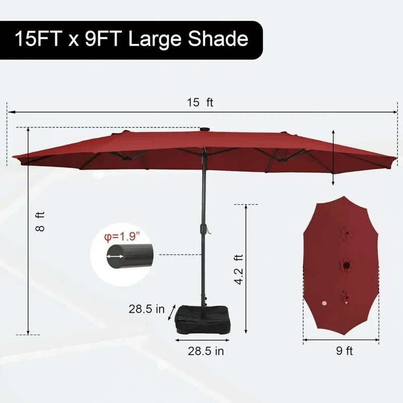 مظلات فناء كبيرة مزودة بقاعدة وغطاء مظلة ، مظلة خارجية على الوجهين لحديقة حوض السباحة ، 15 قدمًا