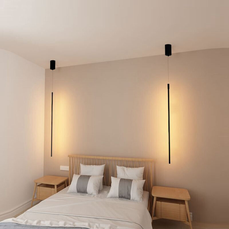 Modern LED Longer Pendant Lights Dining Room Bedroom Decor Bedside Black Background Hanging Lamp Chandeliers Line Strip Fixtures