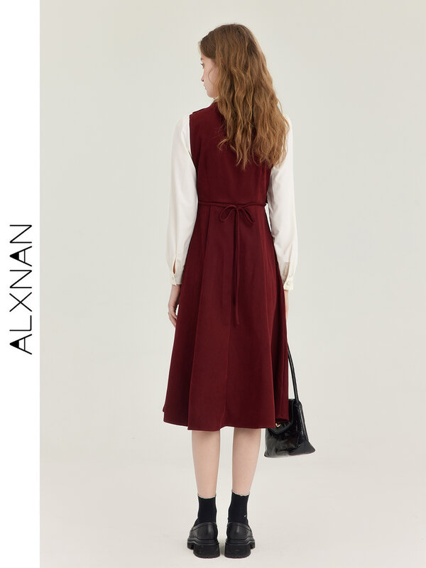 فستان من قطعتين أنيق فرنسي مزيف للنساء ، ملابس الخريف والشتاء ، فستان جديد بربطة عنق متوسطة الطول ، T01003