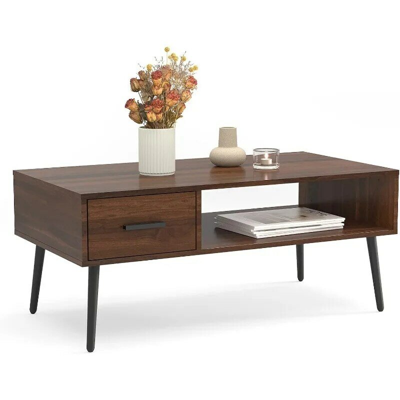 HAIOOU-طاولة كوكتيل منتصف القرن مع درج ، رف تخزين مفتوح ، طاولة قهوة للمنزل والمكتب ، حامل التلفزيون ، الطراز الحديث