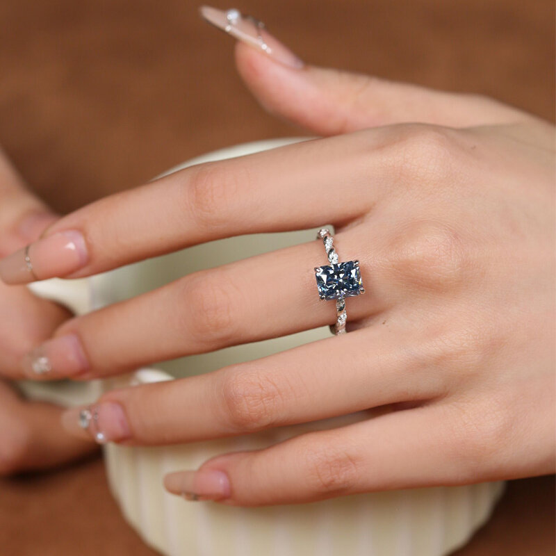 خاتم فضة إسترليني S925 للنساء ، خاتم مويسانيتي 3 قيراط ، اللون الأصلي ، خاتم فاخر أزرق للمشاركة والزفاف ، جودة عالية