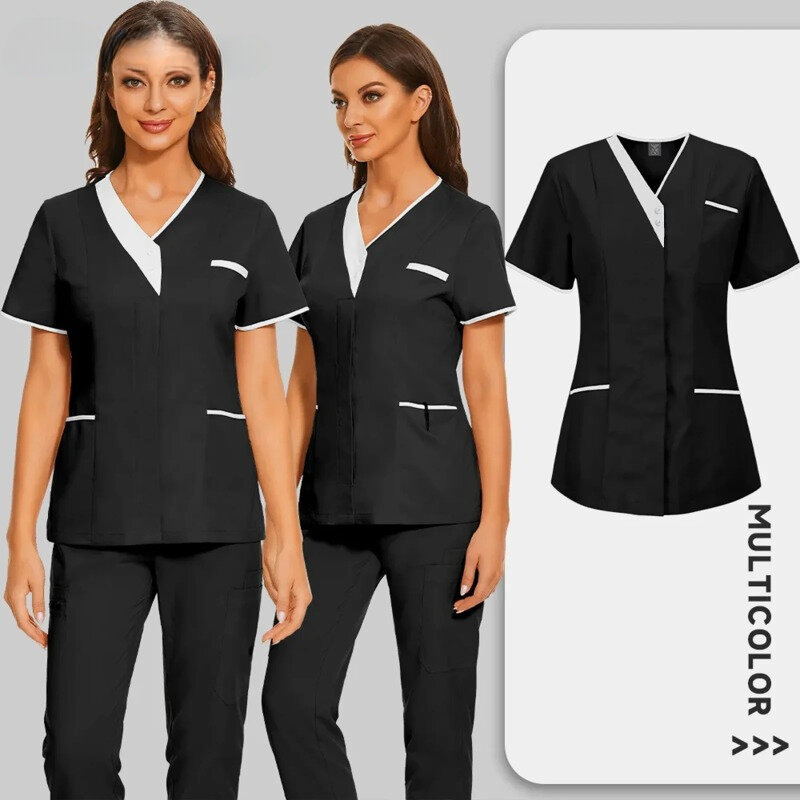 زي موحد طبي للممرضات بأكمام قصيرة ، توب برقبة على شكل حرف V ، فرك طبي أحادي اللون ، بلوزة عيادة ، ملابس ممرضة وطبيب