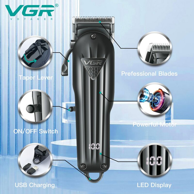 VGR ماكينة قص الشعر الاحترافية VGR قابلة للتعديل قابلة لإعادة الشحن V ، ماكينة قص الشعر