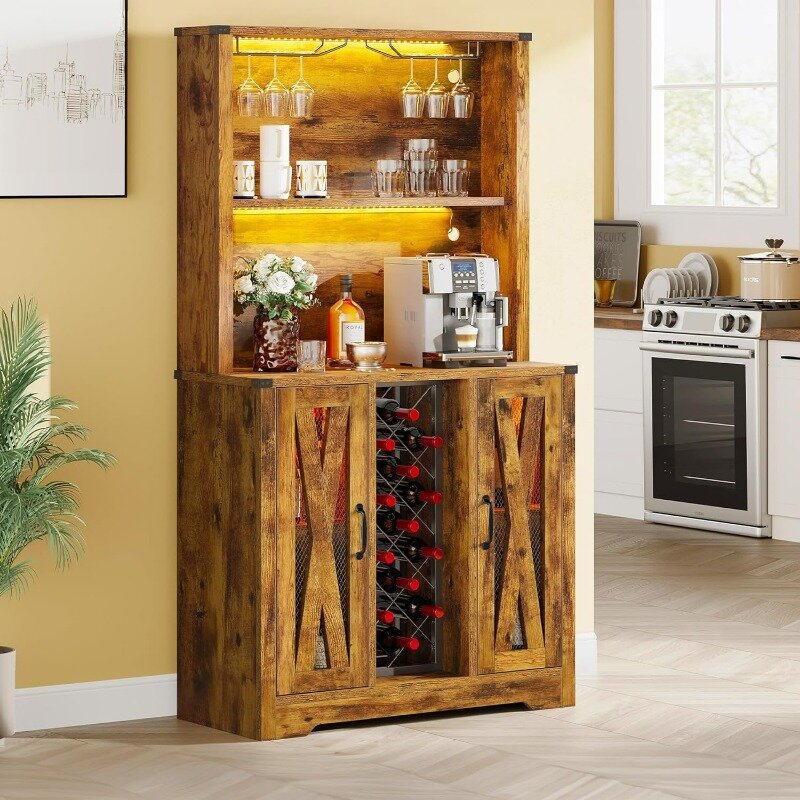 خزانة بار yitahage مع إضاءة ليد ، خزانة خمور طويلة ، خزانة بار قهوة مع تخزين ، خزانة نبيذ بوفيه للمطبخ ، 65"