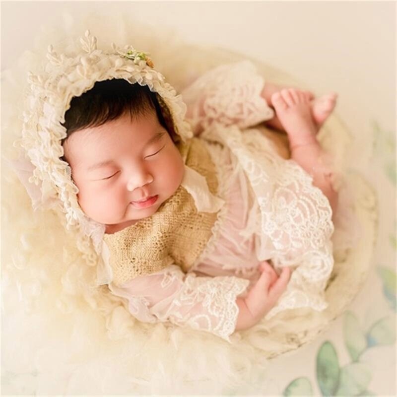 K5DD الرضع فستان الدانتيل بونيه قبعة صور زي التقاط الصور الدعائم هدية استحمام لحديثي الولادة