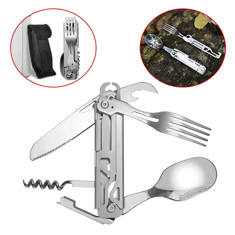 الفولاذ المقاوم للصدأ متعددة أداة سكين جيب ، للطي شوكة ، ملعقة ، 6 في 1 ، أواني في الهواء الطلق ، التخييم المائدة ، أدوات المائدة المحمولة ، يمكن فتاحة