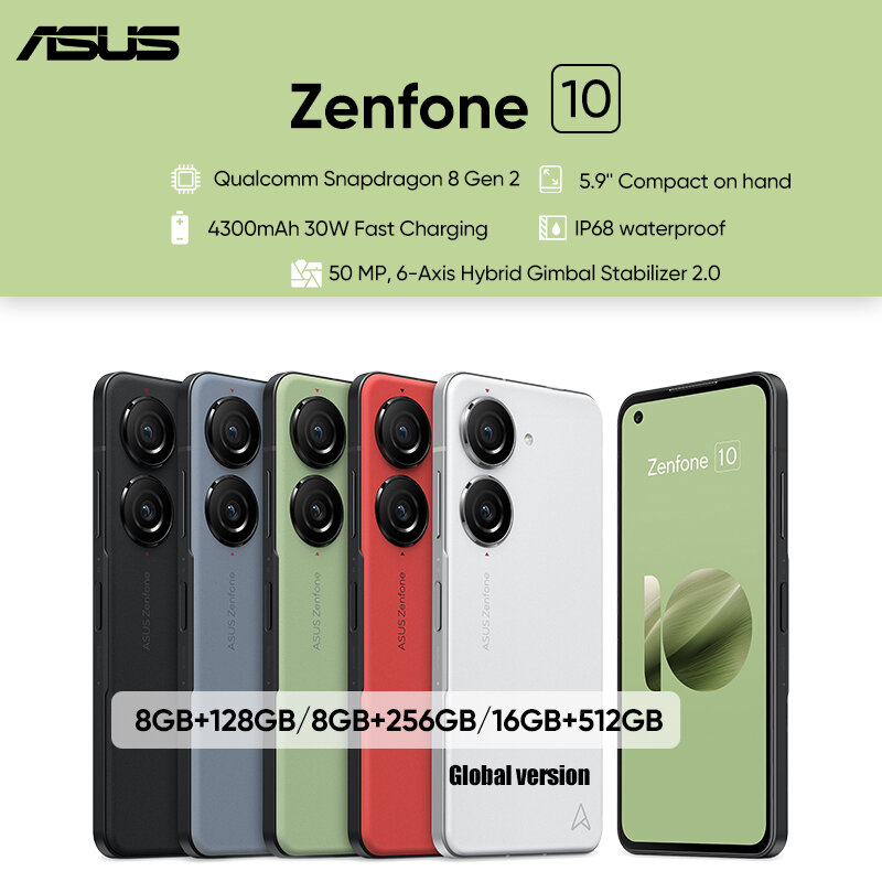 2023 جديد ASUS Zenfone 10 5G Snapdragon 8 Gen 2 5.9 ''144Hz AMOLED شاشة 4300mAh بطارية IP68 مقاوم للماء NFC النسخة العالمية