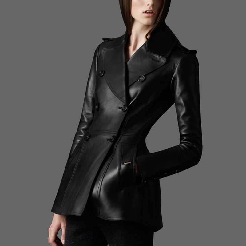 المرأة جلد طبيعي جلد الخراف سترة طويلة سترة جلدية معطف أسود
