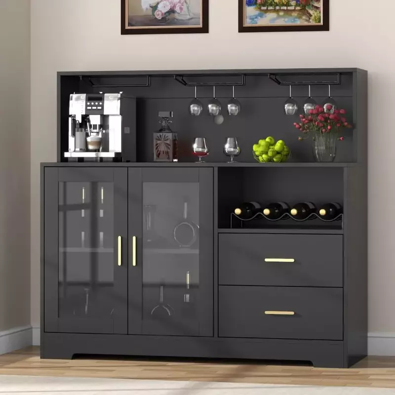 خزانة بار نبيذ بضوء LED ، خزانة نبيذ منزلية مع رف نبيذ وزجاج ، خزانة خمور حديثة لغرفة المعيشة وغرفة الطعام