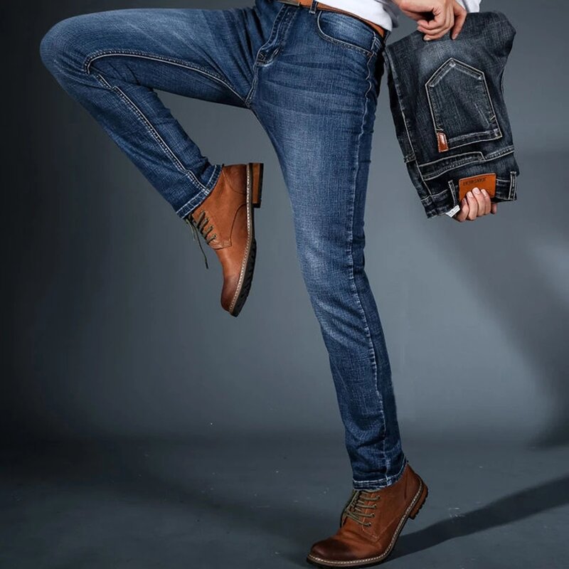 جينز رجالي كاجوال مستقيم مطاطي ، بنطلون جينز عملي ، ملابس من علامة تجارية للرجال ، كلاسيكي ، أزرق ، أسود ، عمل ، جديد ، موضة ،