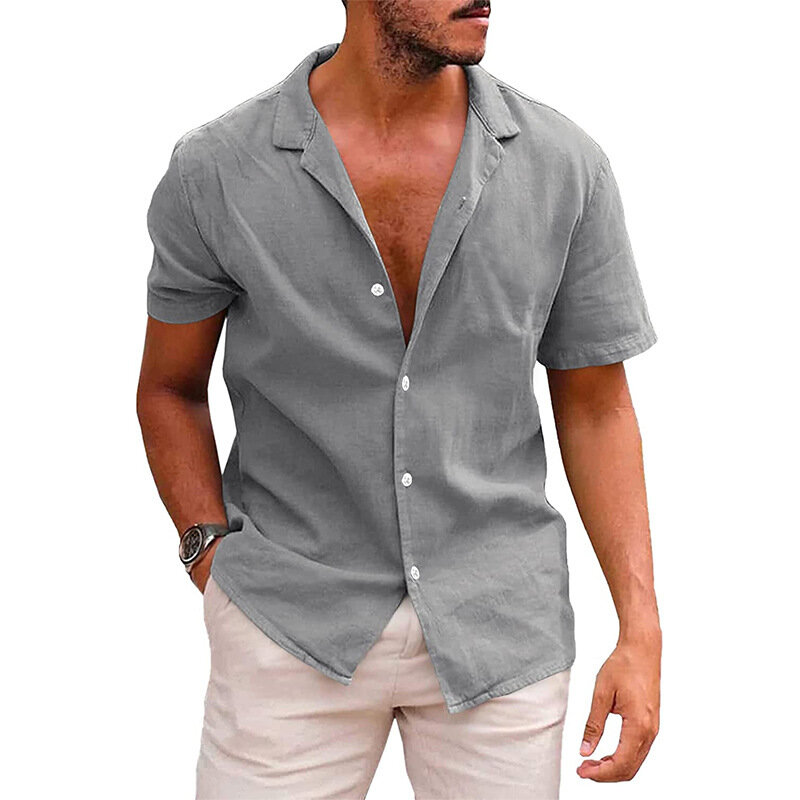 Hot البيع الرجال قصيرة الأكمام قمصان القطن الكتان الصيف بلون بدوره إلى أسفل طوق التجفيف السريع نمط الشاطئ عادية حجم كبير