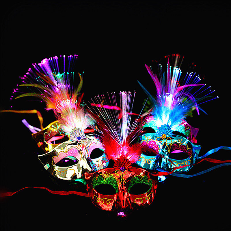 متعدد الألوان هالوين LED ريشة قناع ، الألياف البصرية ، الأميرة توهج ضوء قناع ، لوازم الديكور ، حفلة موسيقية