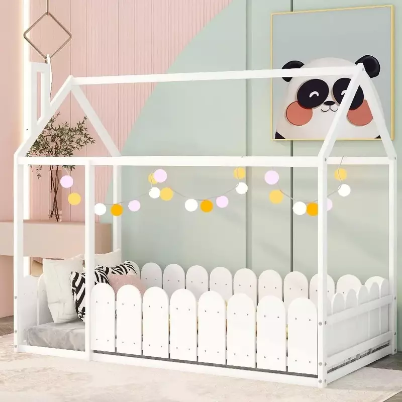 إطار سرير للأطفال مع سقف وسياج ، سهل التجميع ، إطار سرير مزدوج الحجم
