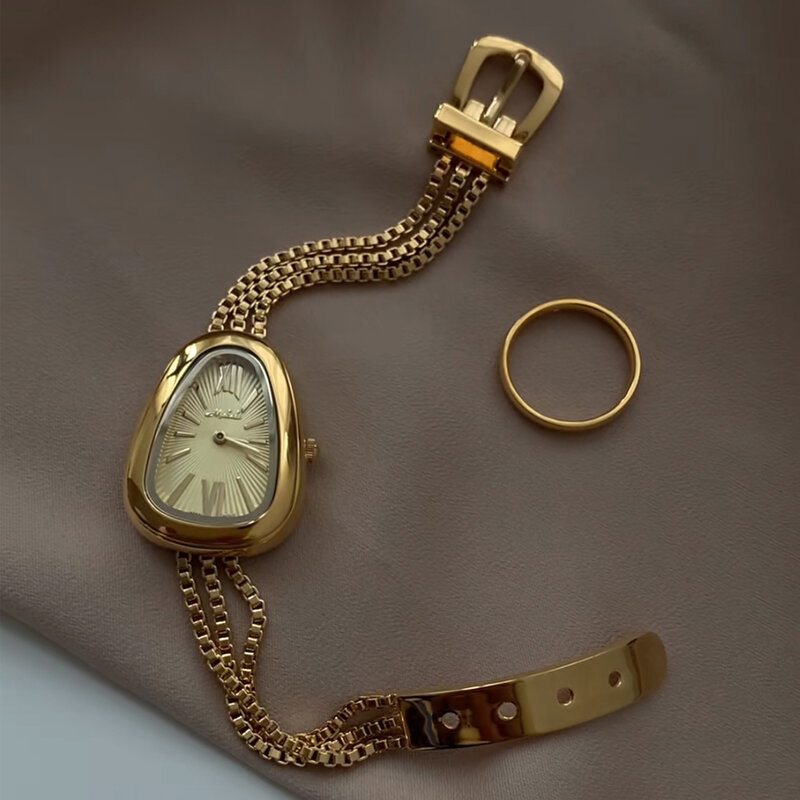ساعة يد ذهبية برأس ثعبان للنساء ، كوارتز نسائية ، فولاذ مقاوم للصدأ ، سلسلة عتيقة ، ساعة يد ، إكسسوارات عصرية فاخرة