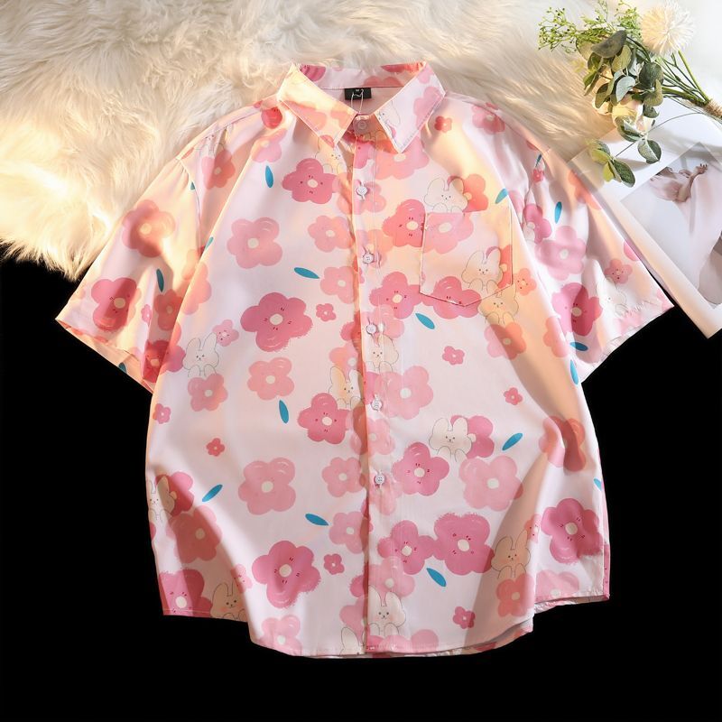 قميص نسائي بأكمام قصيرة ، موضة هاراجاكو يابانية ، قميص كاواي ، توب وردي بزهرة ، كبير الحجم ، صيف ، جديد ، ، ، ، ، من XEJ