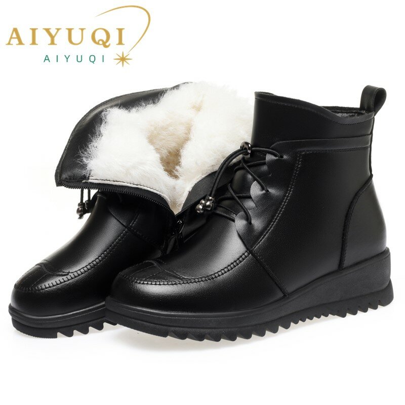 AIYUQI-أحذية الكاحل الجلدية الأصلية للنساء ، أحذية الثلج غير الرسمية للأم ، حجم كبير ، إصبع دائري ، شتاء ، جديد ،