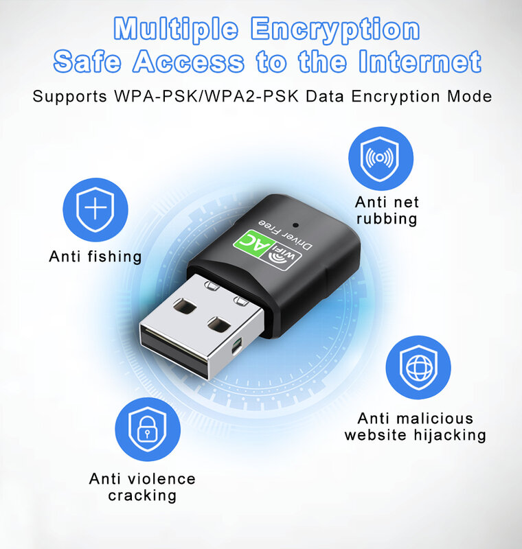 ELECTOP 600 متر محرك الحرة USB واي فاي محول دونغل ثنائي النطاق جهاز استقبال واي فاي التوصيل والتشغيل بطاقة الشبكة اللاسلكية ل Win7/8/10/11