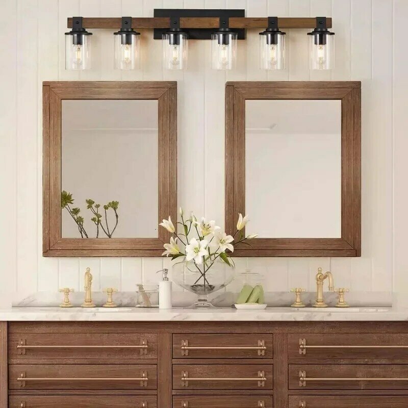 زينة خشبية كلاسيكية مع ظل زجاجي شفاف ، زينة حمام سوداء ، تركيبات مزرعة فوق مرآة ، 6 إضاءة