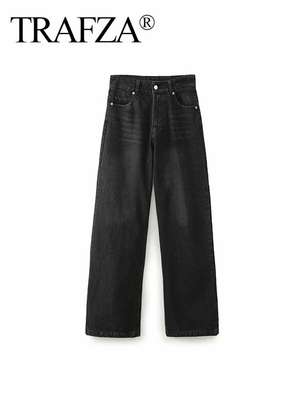 ترافزا-بنطلون جينز واسع الساق عالي الخصر للإناث ، دينم أسود عصري ، حزام معدني عتيق ، جيوب متعددة الاستخدامات ، بنطلون كاجوال ، ربيع ،