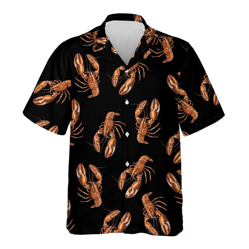 قمصان هاواي المطبوعة ثلاثية الأبعاد على شكل جراد البحر للرجال ، أزياء هاراجاك ، قمم الشاطئ قصيرة الأكمام ، ملابس الزهور العتيقة