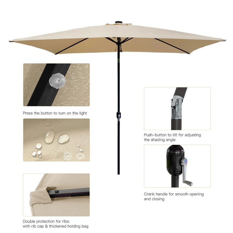 مظلة فناء خارجية 10 قدم × 6.5 قدم مستطيلة السوق الجدول مظلة مع كرنك والضغط على زر الميل