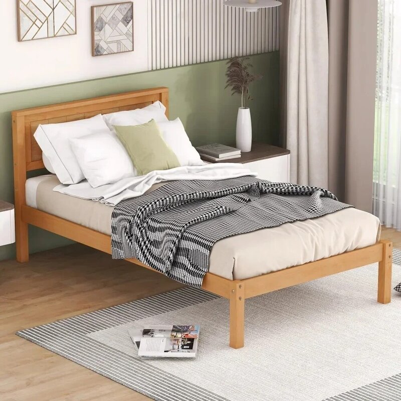 إطار سرير خشبي حديث مع لوح أمامي وشرائح ، إطارات سرير مزدوجة الحجم ، بدون زنبرك صندوق مطلوب