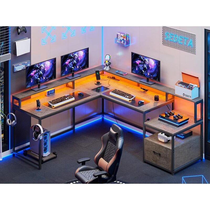 مكتب ألعاب على شكل حرف L ، 66 "، مكتب منزلي مع درج ملف ومنفذ طاقة ، مكتب كمبيوتر للألعاب في الزاوية مع مصابيح Led