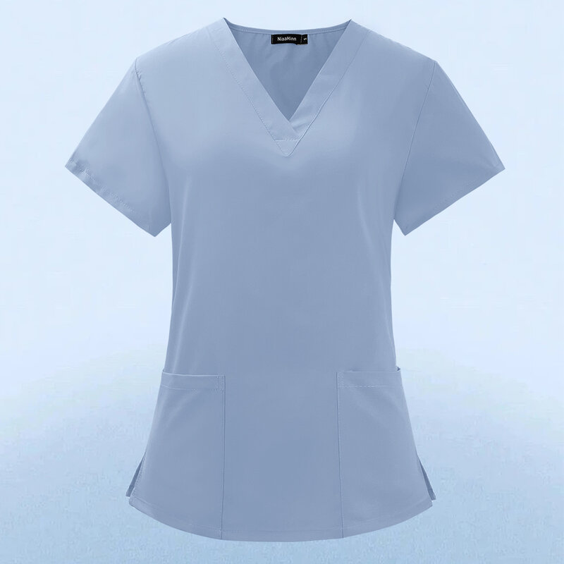 بلون التمريض العمل فرك المرأة قصيرة الأكمام الخامس الرقبة موحدة عيادة ممرضة موحدة ملابس واقية عامل الرعاية مختبر القمم