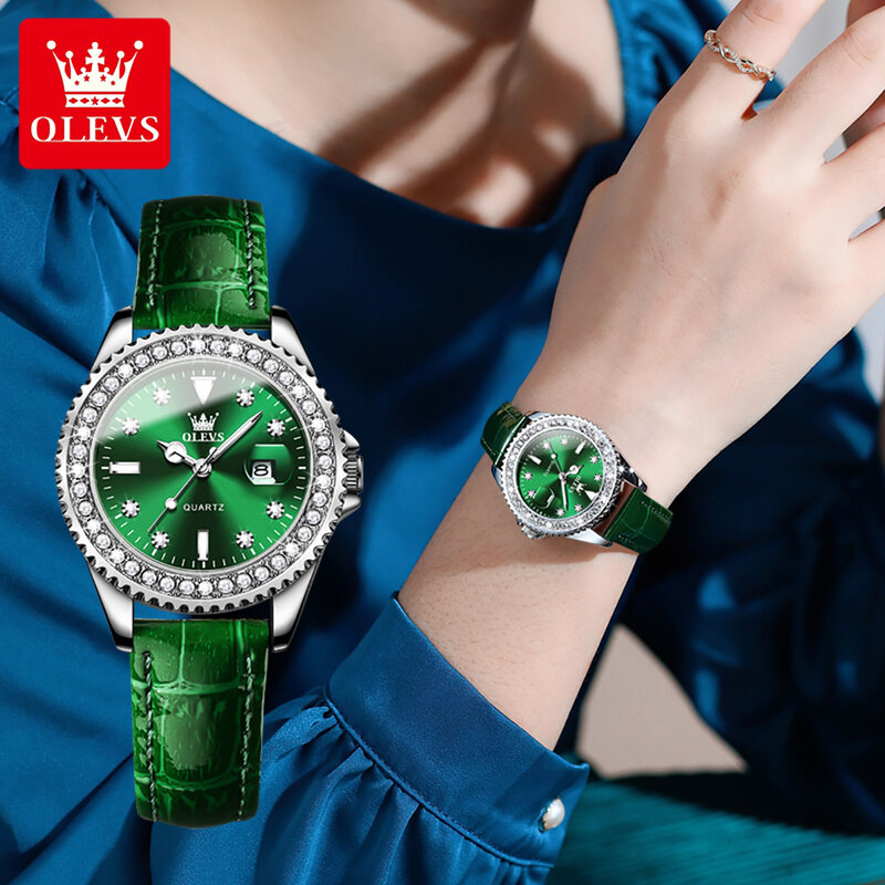 ساعة كوارتز ماسية OLEVS للنساء ، جلد أخضر ، مقاومة للماء ، ساعات تقويم مضيئة ، أزياء نسائية فاخرة ، جديدة