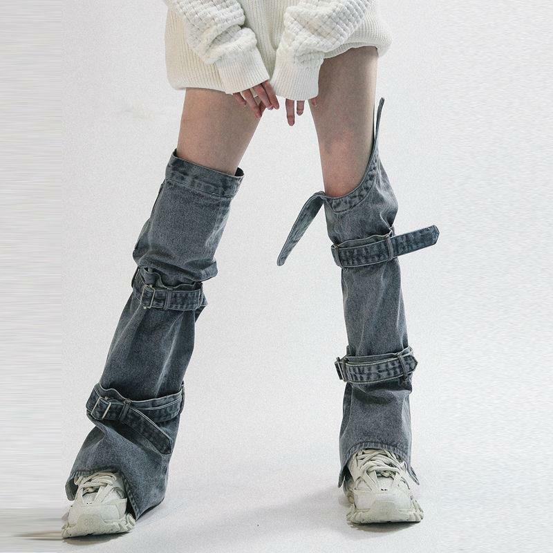 مجموعة الجوارب النسائية جوارب طويلة ذات الضمادات اليابانية لتدفئة الساق مصنوعة من قماش الدنيم تنورة هاراجوكو الشرير الصخرة جوارب عالية للركبة قابلة للتعديل