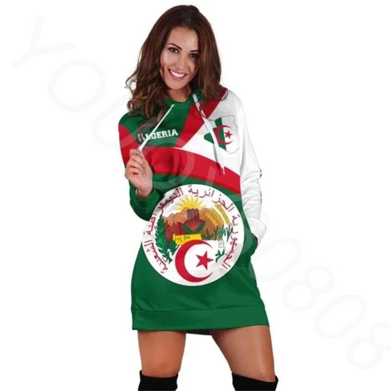 الجزائر علم الدولة قبيلة الشعوب الأصلية الأفريقية خمر ثلاثية الأبعاد طباعة Harajuku مثير المرأة طاقم الرقبة فستان بقبعة متعة عادية