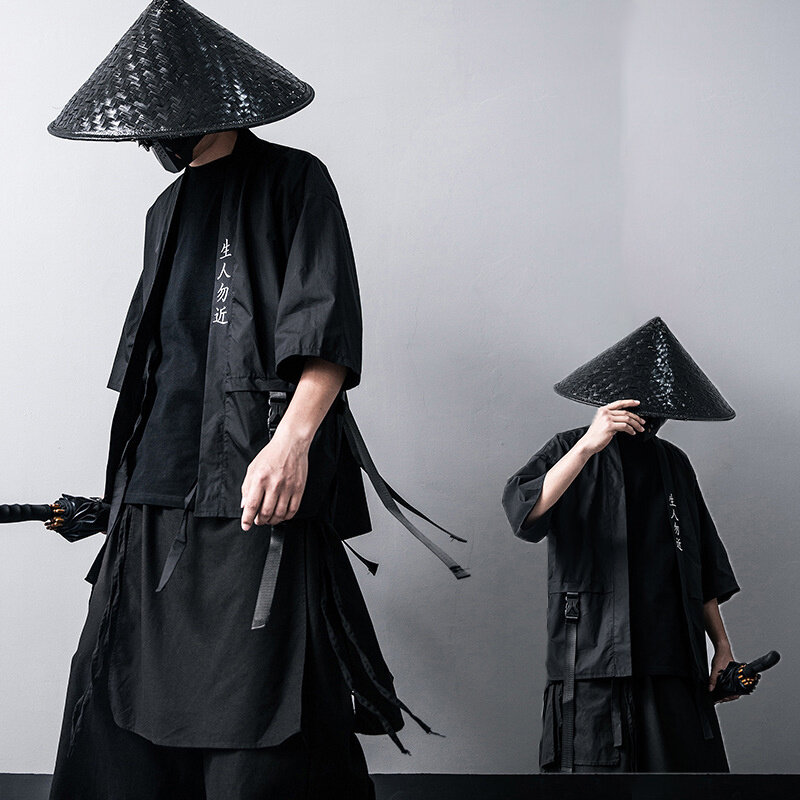 كيمونو أسود تقليدي ياباني ، بدلة تنكري نينجا ديابلو ساموراي ، معطف بتصميم هانفو ، كارديجان ملابس الشارع ، جديد ، 2023