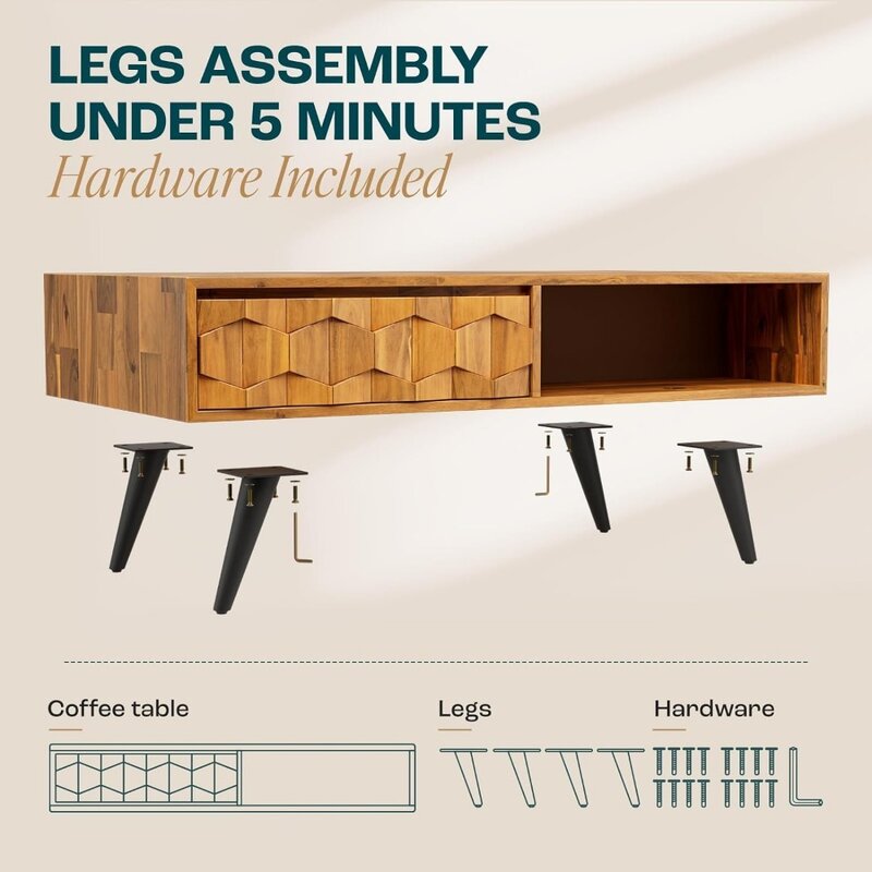طاولة قهوة من الخشب الصلب لغرفة المعيشة ، درجان تخزين متناظران ، تفاصيل هندسية ، طاولات بنية من خشب الساج ، أثاث مقهى