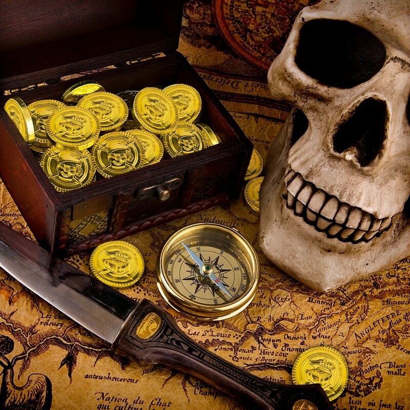 كابتن القراصنة الطرف البلاستيك الذهب الكنز الصدر النقود ، عملة ذهبية ، لعبة أطفال هدية