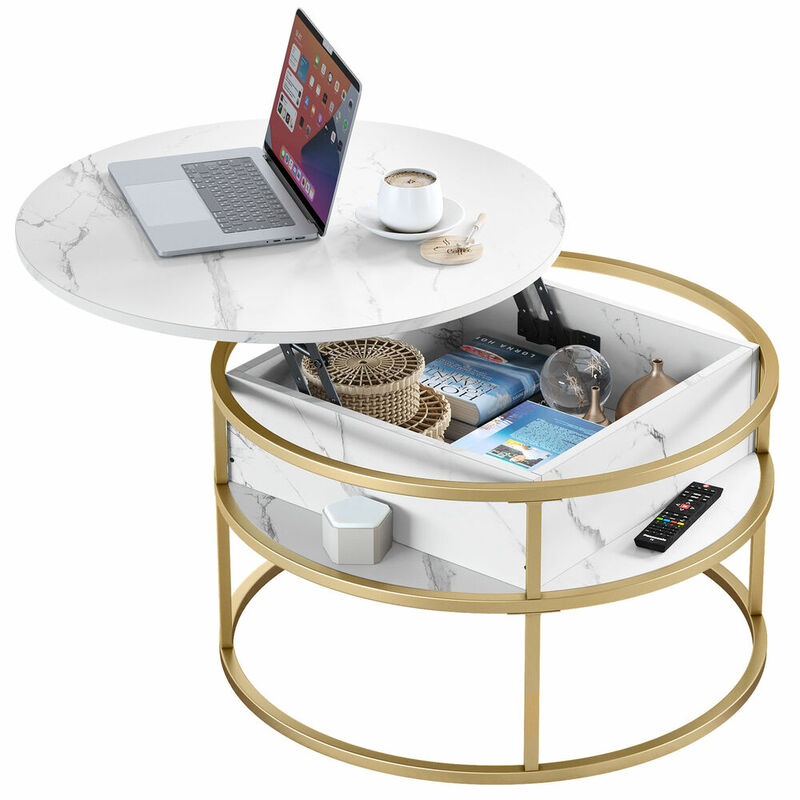 طاولة قهوة مستديرة رفع علوي مع حجرة تخزين مخفية ، مستويين ، منزل ومكتب