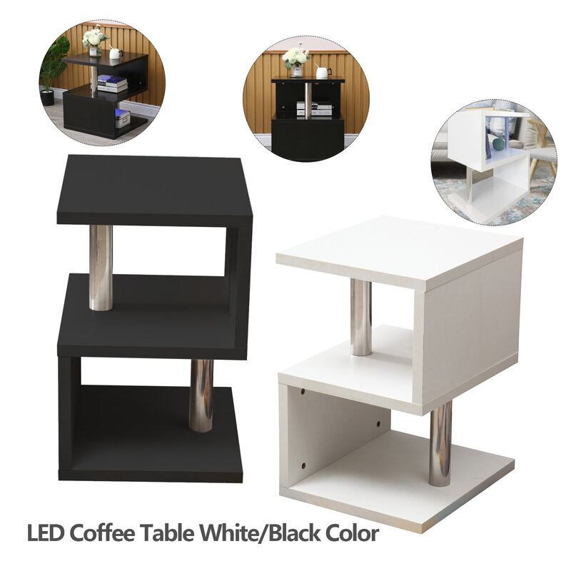 طاولة قهوة عالية اللمعان على شكل S ، طاولة جانبية للأريكة من 3 طبقات ، مصباح LED حديث ، لنا ، أبيض ، أسود