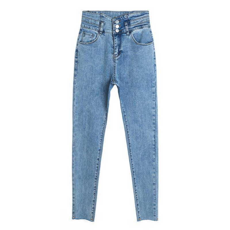 سروال جينز نسائي ضيق من قماش الدنيم سروال ضيق من قماش الدنيم ذو خصر ممتد بنطلون جينز ضيق متعدد الحجم للربيع والخريف بلون واحد