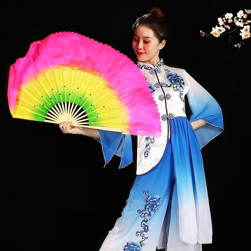 مقبض مصنوع يدويًا من الخيزران للرقص الشرقي ، مروحة ملونة ، طراز صيني ، فن شعبي ، إكسسوارات رقص ، حرير صناعي