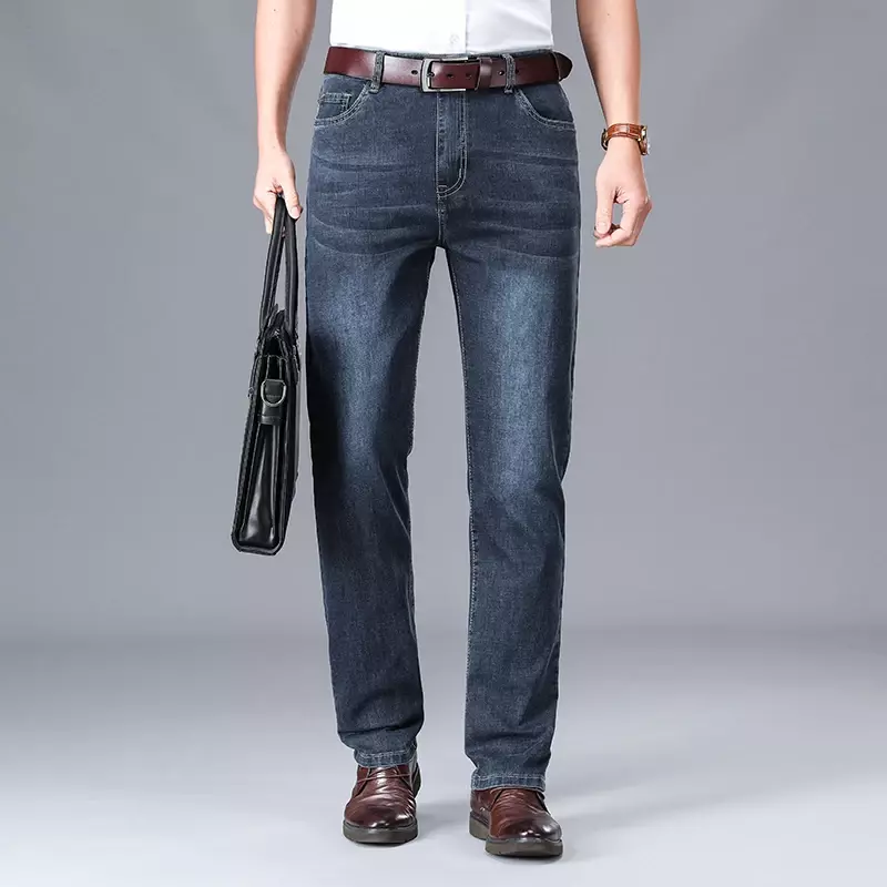 جينز جينز قطني مطاطي خفيف الوزن مناسب للرجال ، خصر مرتفع ، نحيف ، رمادي خفيف ، عمل ، علامة تجارية غير رسمية ، الربيع ، الصيف ،