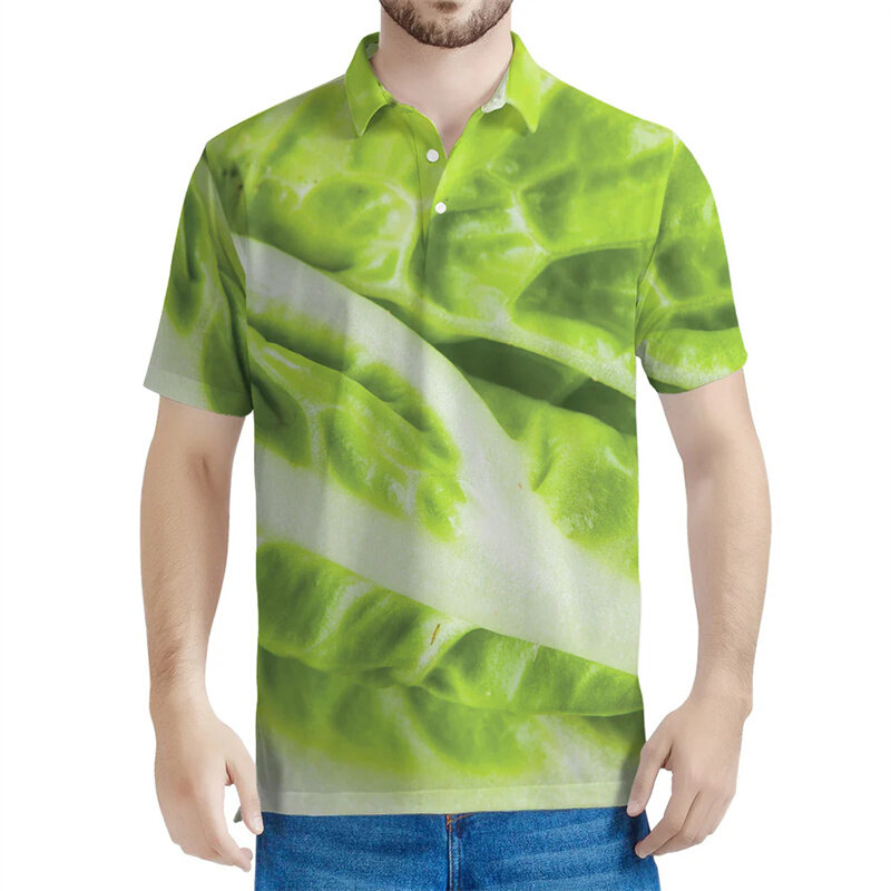 قميص بولو للرجال بنمط الملفوف ، تي شيرت خضروات مطبوع ثلاثي الأبعاد ، تي شيرت كاجوال كبير الحجم ، زر طية صدر للصيف ، أكمام قصيرة